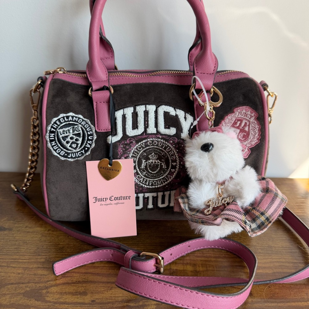 New Juicy Couture Varsity Satchel Brown Pink Crossbody Handbag Scottie Y2K Cute